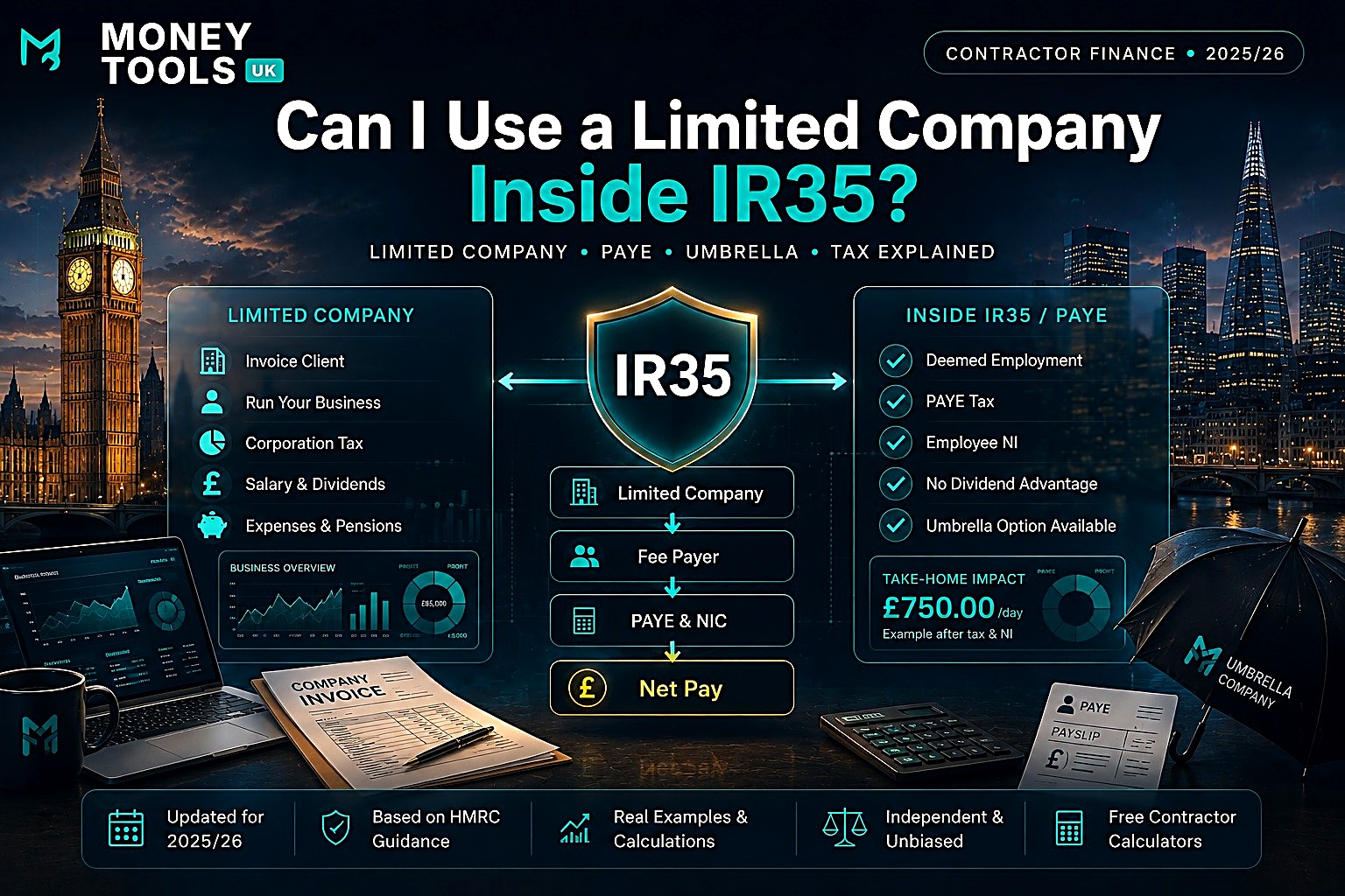 Can I use a limited company inside IR35? UK 2025/26 contractor guide explaining limited company, PAYE, umbrella companies, deemed employment, dividends, Corporation Tax and tax treatment