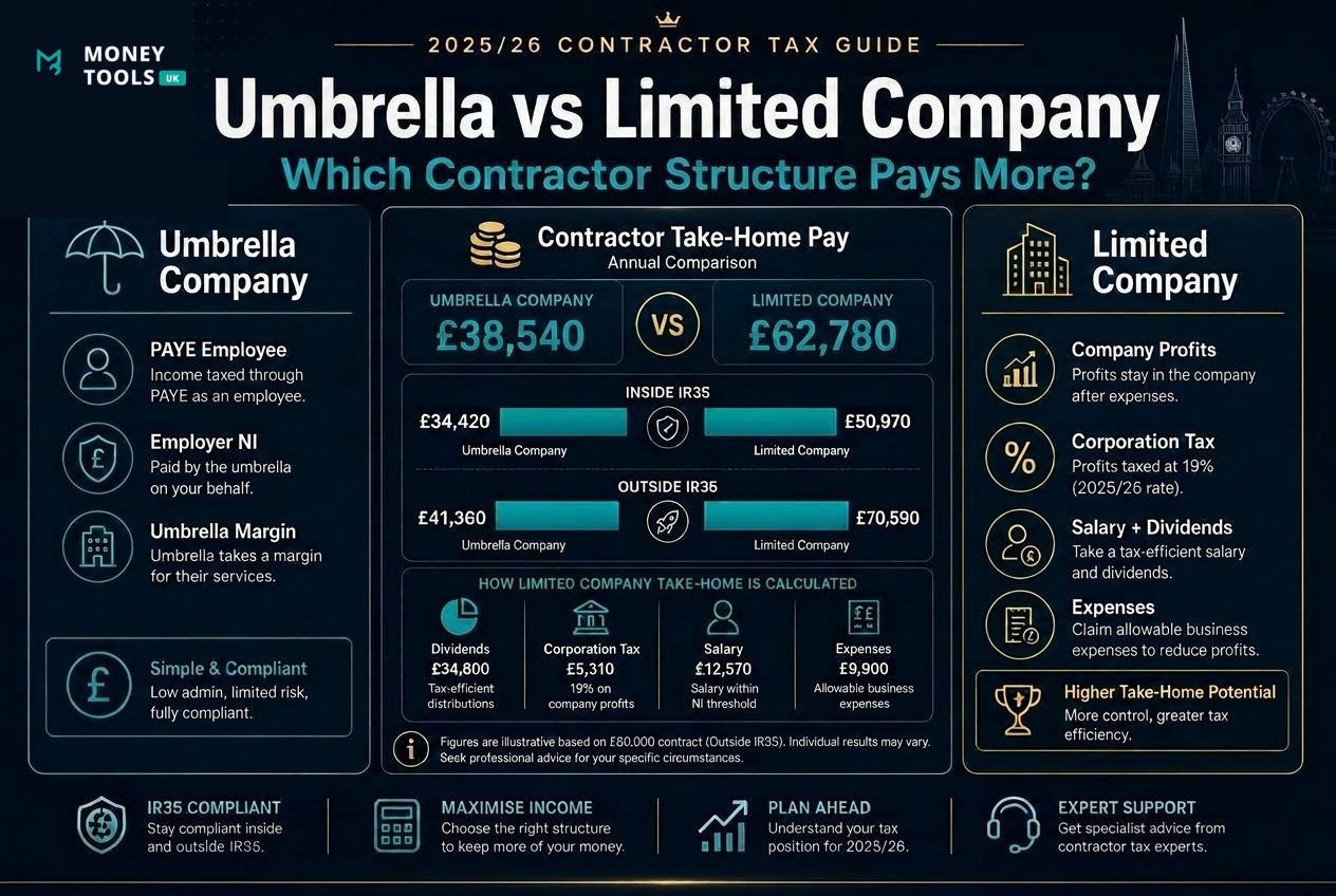 Umbrella company vs limited company 2025/26 — comparing contractor take-home pay, IR35, PAYE, dividends and Corporation Tax